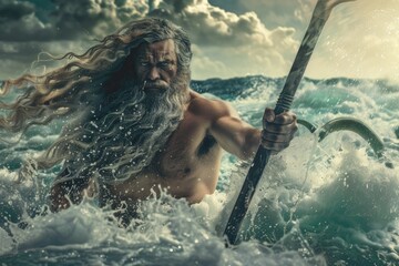 Wall Mural - A man with long hair is in the water holding a pole