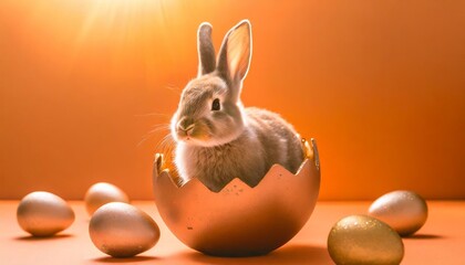 Wall Mural - easter bunny sitting in an easter egg orange background