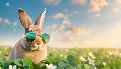 Wall Mural - cool easter bunny with reflective sunglasses sits in a lucky clover field easter background banner for marketing sales social media illustration blue sky with copy space