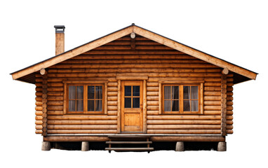 A log cabin with two windows and a porch set in a peaceful forest clearing