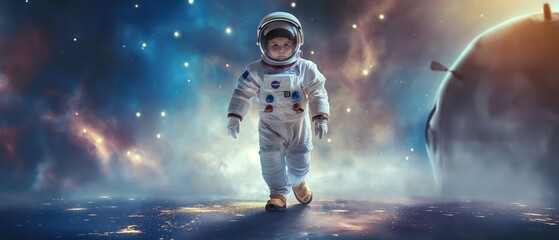 Wall Mural - baby astronaut wearing extravehicular mobility unit and helmet walking in outer space
