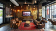 A steampunk-inspired TV lounge with a weathered brass accent wall, furnished with vintage leather seating and industrial-inspired decor.