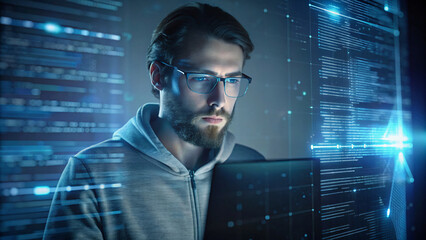 programmer with laptops in office, immersed in digital business technology