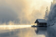 a serene, snowy landscape with a cabin on a calm lake, surrounded by misty forests under soft golden light