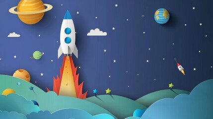 Poster - Art style of a rocket going into space, startup concept in flat-style modern format.