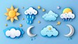 Paper cut cartoon weather icons on blue sky background. Modern illustration. Sun with clouds, rain drops, lightning and thunder, crescent moon with stars.