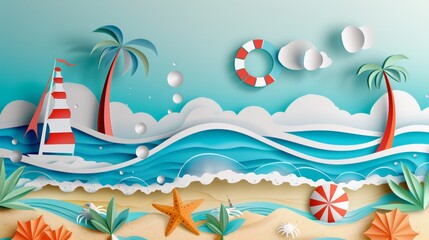 Poster - The abstract paper art depicts a seascape surrounded by waves splashing on the shore and beach equipment. A seascape in the summer. Paper cut and craft style. Modern illustration.