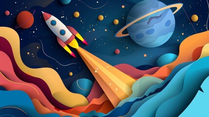 Aufkleber - This flat-style modern illustration shows a rocket flying in space in paper art style.