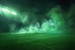 Eerie toxic green smoke rising from dark stadium field at night, digital painting