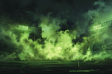 Wall Mural - Eerie toxic green smoke rising from dark stadium field at night, digital painting