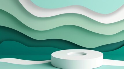 Poster - A 3D paper cut abstract minimal geometric shape template background. A white cylinder podium on a green nature wavy layer background. Modern illustration.