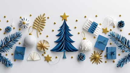 Wall Mural - Modern Christmas cards, posters, holiday covers, banners and banners with golden blue and white gifts, pine branches, and lights.