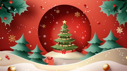 Poster - Merry Christmas banner in cylindrical shape with papercut style Christmas tree