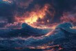 Dramatic stormy night seascape with giant waves and lightning, powerful ocean landscape, AI generated art