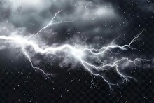 Dramatic Lightning Bolt Strike Isolated On Transparent Background, Powerful Electrical Discharge In Stormy Weather Illustration