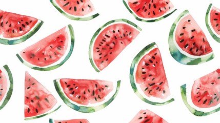 Seamless pattern of watercolor watermelon slices on a white background, perfect for summertime fabric or wrapping paper.