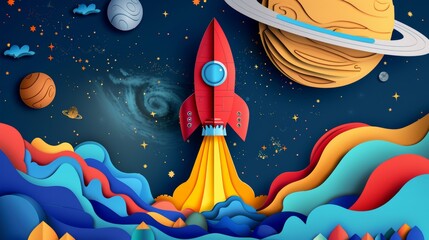 Poster - Flying red rocket in space with planet and stars. Science concept inspiration. Modern origami design template. Cute cartoon children's illustration.