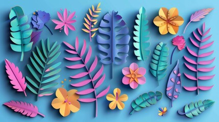 Wall Mural - Cartoon tropical leaves and flowers. Modern design for advertising, branding greeting cards, covers, posters, banners. Modern illustration.