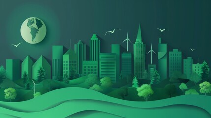 Poster - ECO CITY CONCEPT. Paper art style of eco-city concept and environment conservation. Modern illustration.