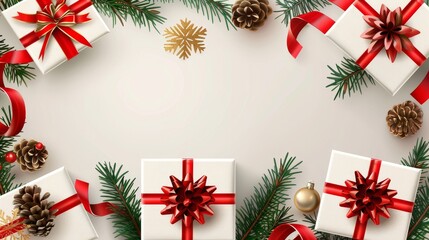 Canvas Print - Merry Christmas and a prosperous New Year. Xmas present with realistic festive gifts box. White boxes with red ribbon gift surprise. Gold snowflake, pine cone, spruce branches.