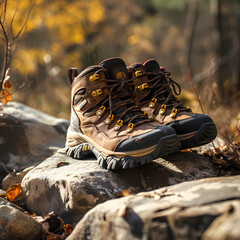 Wall Mural - A pair of hiking boots on a rocky trail.