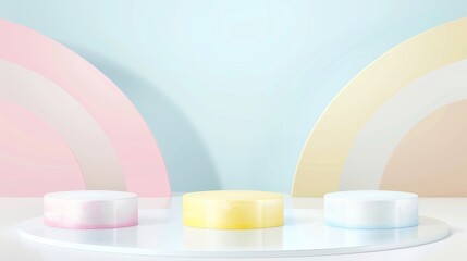 Fototapete - This is a set of realistic 3d cylinder pedestal podiums with pastel yellow, blue, and pink in a semi-circle backdrop. Abstract modern rendering geometric platform. Product display presentation.