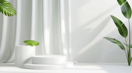 Aufkleber - An abstract wall scene mockup of a realistic white cylinder pedestal podium set on a white curtain with a green leaf in the background. Minimal wall background for product display or promotion.