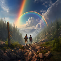 Sticker - Time-traveling hikers on a rainbow trail.