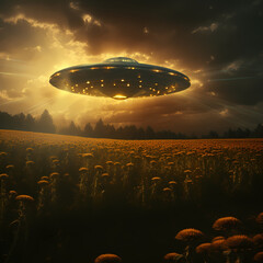 Poster - UFO abducting a field of sunflowers.