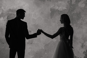 Wall Mural - Art fashion studio photo of wedding couple silhouette groom and bride.