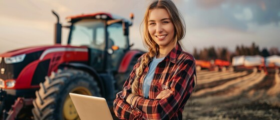 In front of a tractor, young farmer stands in the field smiling in front of a female agronomist using modern technology in agriculture.