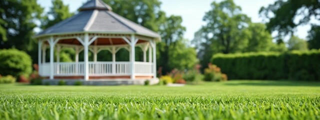 In the city park, in the middle of a green lawn, there is a beautiful gazebo for relaxation. Well-groomed paths along the green lawn. Texture of grass, lawn.