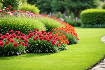 The backyard garden is full of flowers. Smooth green lawn with flowers in the background.