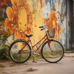 Canvas Print - A retro bicycle against a graffiti-covered wall.