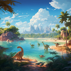 Canvas Print - A tropical island with friendly dinosaur inhabitants