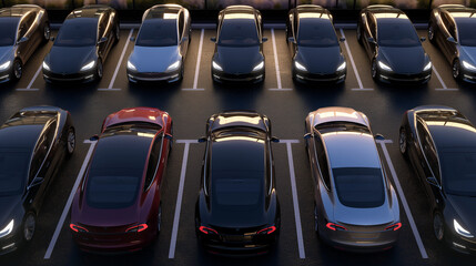 A line of motor vehicles is parked in the lot, showcasing various automotive designs and features like bumpers, hoods, and exterior lighting