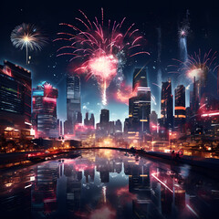 Poster - Fireworks display in a digital city. 