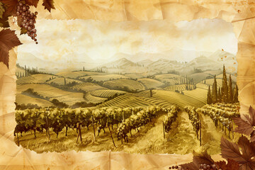 Vineyard landscape panorama. Vine plantation hills, rows of vineyards with wine stains. Vintage illustration, line sketch style. Farming and agriculture concept. Background for design card, banner