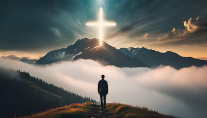 Silhouette of worshiper walking uphill, gazing upward in spiritual contemplation