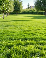 Green lawn against the backdrop of a garden with trees. Sunny and bright day. Green grass against a background of trees in the garden.