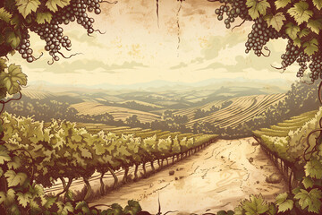 Vineyard landscape panorama. Vine plantation hills, rows of vineyards with wine stains. Vintage illustration, line sketch style. Farming and agriculture concept. Background for design card, banner