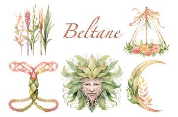 Green and Pink fertility festival Set of Beltane Wiccan watercolor illustrations. Wheel of the year isolated folklore art. Celtic pagan PNG bundle with Green Man, maypole and handfasting cords.