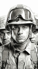 Wall Mural - Soldiers in Helmets Monochrome Illustration

