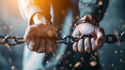 breaking free concept with pair of hands breaking up a chain link