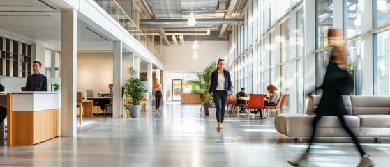 Bright business workplace with people in walking in blurred motion in modern office space