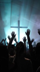 Wall Mural - Christian worshipers raising hands up in the air in front of the cross