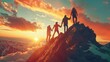© Vladyslav Tykhonov - Panoramic view of team of people holding hands and helping each other reach the mountain top in spectacular mountain sunset landscape