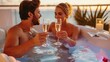 Sweet couple toasting with their champagne glasses while relaxing in the jacuzzi tub, Celebrating honeymoon in luxury