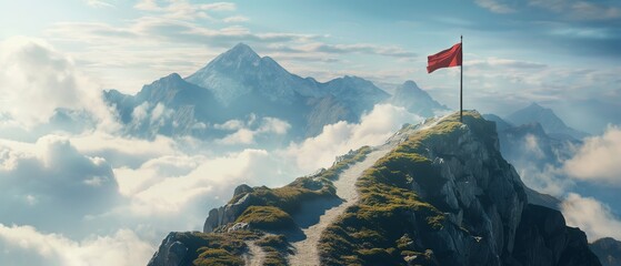 road going to flag on mountain top, business goals achievement concept