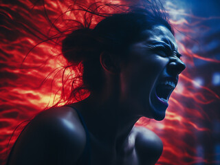 Wall Mural - A woman's silhouette in the throes of anger, captured amidst chaotic colors and light.